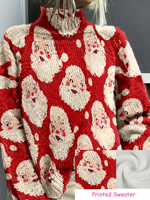 Pull col roulé vintage de Noël pour femme, motif Père Noël, tricoté, avec transfert thermique, personnalisé pour un usage quotidien décontracté ou festif