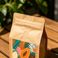 Sachet à café à fond plat, imprimé en gravure personnalisée, haute barrière, à huit soudures latérales, avec valve unidirectionnelle pour grains d'espresso