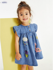 Vestito Estivo per <span class=keywords><strong>Bambina</strong></span> in Denim di Cotone a Maniche Corte con Applicazioni e Motivi Cartoon, Servizio OEM - Product Image 1