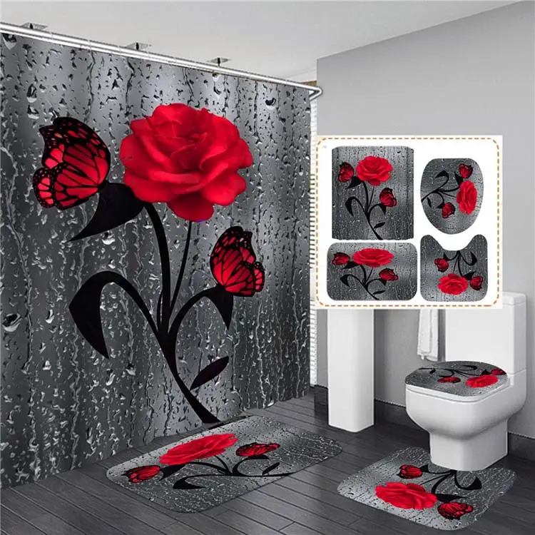 Rose 3D Print Wasserdicht Polyester Dusch vorhang Badezimmer Set