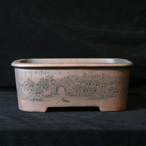 Zisha Rectangular Bonsai <b>Pot</b> Handmade Wood-Fired Carved <b>Tree</b> Stump Design Antique Style Planters - Product Image 1