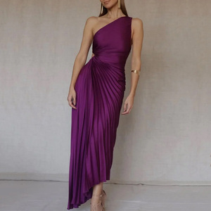 OEM/ODM printemps été robe violette robe plissée <span class=keywords><strong>jupe</strong></span> plissée sans manches robe de soirée irrégulière - Product Image 3