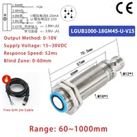 Capteur de proximité ultrasonique M18 60-1000mm 2 canaux NPN PNP 0-10v 4-20mA RS485 Modèle LGUB1000-18GM45-IU-V15 70.5mm CADEAU GRATUIT 2M