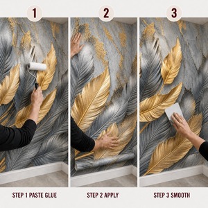 Peinture murale personnalisée en or et plumes, toile huilée, papier peint gris marbré, art métallique - Product Image 5