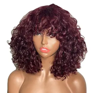 200 Density Scalp Top Curly Full Machine Made Human Hair Wigs with Bangs Remy Brazilian Short Curly Wig For Women