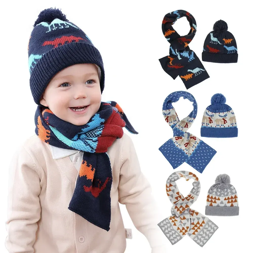 New arrival kids boys girls winter warm knit beanie hat cap and scarf accessories set