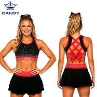 Ensemble soutien-gorge de sport et jupe personnalisés pour filles, noir et bleu clair, avec strass, dos croisé et nœud, pour entraînement de cheerleading