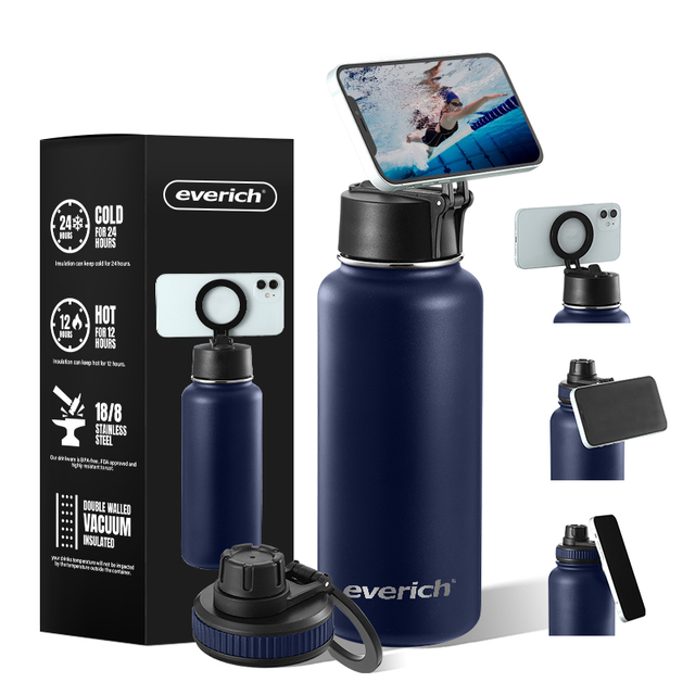 Trending 2024 Portable Running Vacuum Custom logo Insulated Magnetic Water Bottle With Magnetic Phone Holder Lid