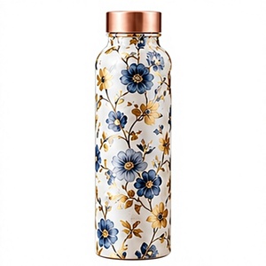Ayurvedic Blue and Gold Floral <b>Copper</b> <b>Water</b> <b>Bottle</b> with <b>Copper</b> Lid Portable Travel Drinkware - Product Image 1