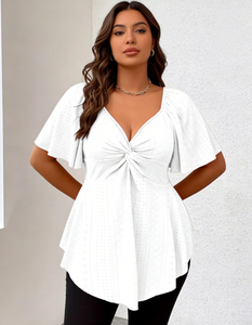 Chemisier Peplum Femme Grande Taille Blanc en Fibre de Lait Tricoté Col V Torsadé à Volants Manches Courtes Noué Décontracté Automne Été - Product Image 3