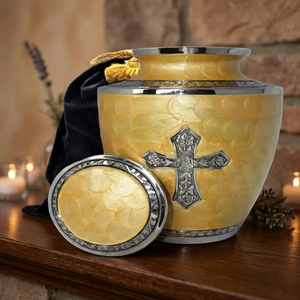 Brass Cremation Urn <b>Keepsake</b> Casket Round Memorial <b>Ashes</b> Container with Silver Cross Decorative Funeral Use - Indian Home Crafts - Product Image 4