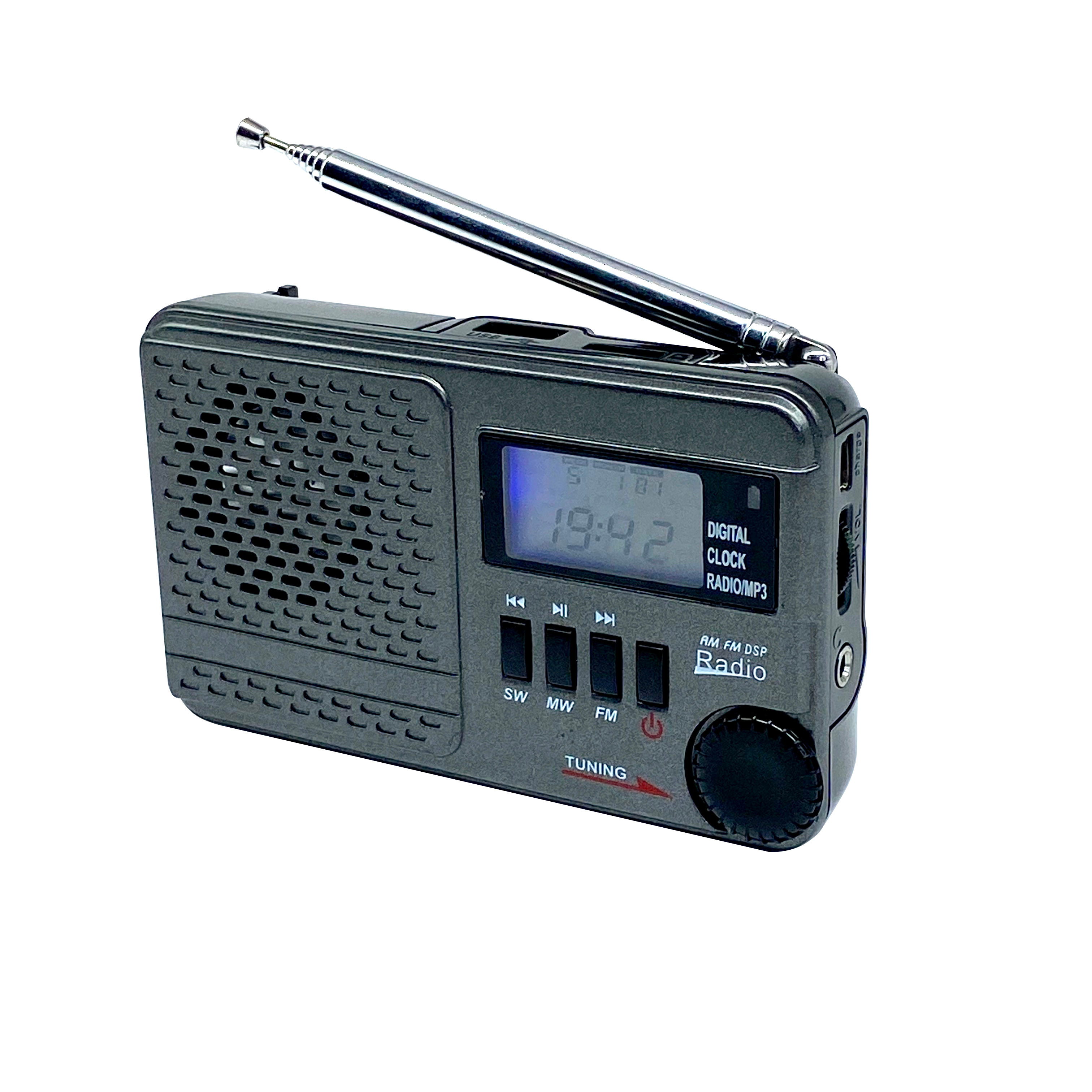 Portable Shortwave Radio with Alarm Clock & FM/MW/SW - High