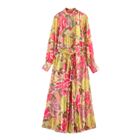Robes longues en mousseline de soie décontractées à la mode pour femmes, couleur jaune, col montant, imprimé floral, avec ceintures, manches longues