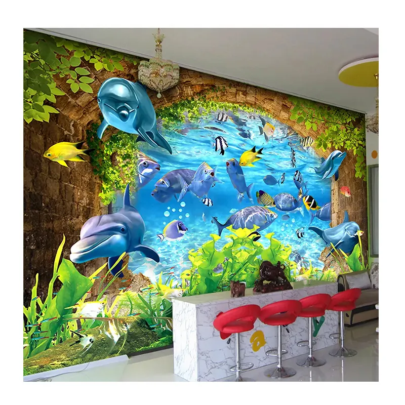 KOMNNI 3D Wallpaper Modern Underwater World Dolphins Cartoon Kids Bedroom Murals Living Room Background Wall Painting