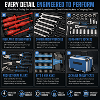 Ensemble professionnel de 1200 outils en coffret à roulettes, comprenant tournevis isolés, clés mixtes, douilles, pinces à sertir, en chrome vanadium, OEM