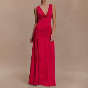 Vestido Largo sin Mangas con Cuello en V, Plisado, de Color Sólido, Elegante Vestido de Noche con Cintura Natural - Product Image 3