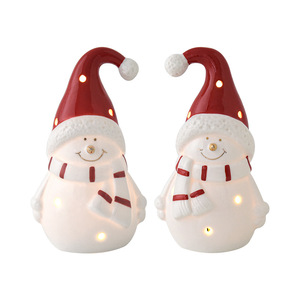 LINGKAI <b>Ceramic</b> Snowman LED Light <b>Ornament</b> White Porcelain Xmas Figurine With Red Hat Bow Tabletop Christmas Home Decor - Product Image 5