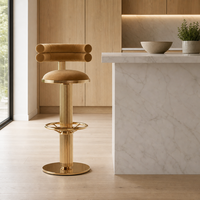 Tabouret de bar en velours avec structure en acier cannelé doré, chaise de bar haute pour comptoir, fourniture d'usine OEM
