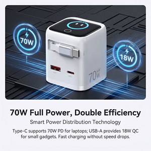 Chargeur rapide GaN 70W ultra-plat avec câble USB-C rétractable de 80 cm, adaptateur mural 3 ports PD3.1 pour téléphone et ordinateur portable <span class=keywords><strong>MacBook</strong></span> <span class=keywords><strong>Pro</strong></span> 16 pouces - Product Image 2