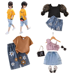 Vêtements en coton pour enfants en gros : ensembles avec hauts épaules dénudées, shorts en jean et motifs brodés – Tenues d'été pour enfants - Product Image 4