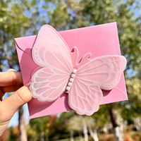 Biglietto d'Auguri 3D Pop-up con Farfalla Rosa e Fiori, Biglietti di Compleanno con Perle, Inviti di Lusso Fatti a Mano per Regali e Festività