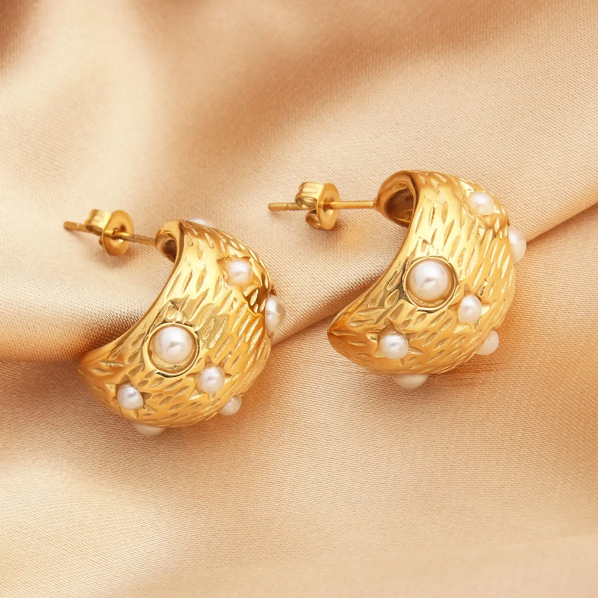 נירוסטה צורה c צורה שמנמן מעטפת rhinestone פנינים עגילי חיבוק זהב 18 קראט עגיל מצופה זהב זהב עגיל