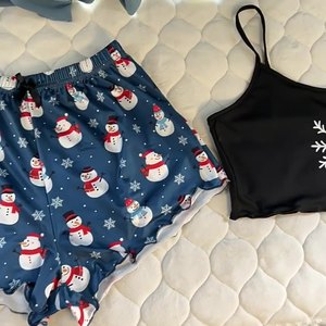 Conjunto Feminino de Natal de Homewear: Shorts, Pijama para Dormir, Bralette de Malha Sem Mangas, Conjunto de Duas Peças para Meninas - Product Image 1