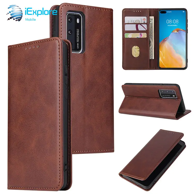 iExplore flip cover strong magnet Genuine leather case for Samsung S22 card slot wallet tpu phone case for Huawei P40 Pro