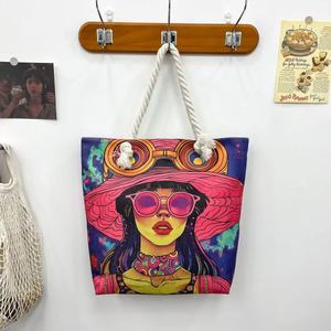 Wholesale African Black Girl Art Print Shoulder Handbags Custom Logo <strong>Fun</strong> Cartoon Pattern Canvas Tote <strong>Bag</strong> with Rope Handle - Product Image 6