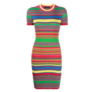 High Quality Custom Women Clothes Fashion Designed Short Sleeve Ribbed Rainbow Stripe Knitted Bodycon Midi Tube Dress