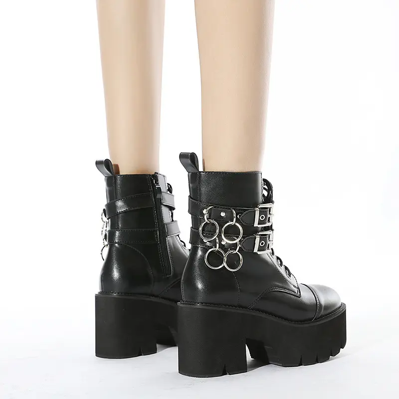 Latest Zipper Women's Ankle Boots Motorcycle Punk Style Black Leather Shoes Buckle Straps Platform Martin Boots