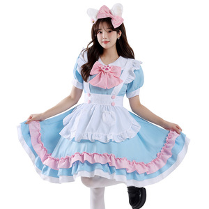 Lindo Disfraz de Sirvienta Estilo Japonés, Azul y Rosa con Volantes, Disfraz de Cosplay de Anime y Manga, Vestido para Juego de Roles, Talla Grande, Lolita para Uso Diario - Product Image 2