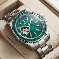 Montre mécanique automatique de luxe avec lunette en pierres précieuses arc-en-ciel, cadran à cœur ouvert, résistante à l'eau, bracelet en acier inoxydable bicolore