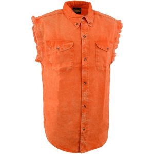 2025 cuir hommes classique Orange/Beige boutonné coupé effiloché sans manches chemise décontractée MNG11682 - Product Image 2