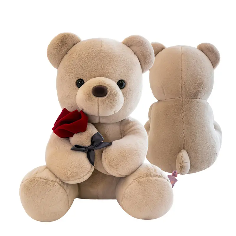 Custom brown valentines bear hug rose flower plush stuffed toy pillow high quality 2023 cute rose teddy bear plush toy with rose