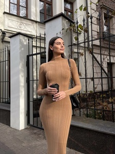 Elegante Abito Aderente a Collo Alto <span class=keywords><strong>in</strong></span> Stile Francese per Donne, Manica Lunga, <span class=keywords><strong>in</strong></span> Nylon/Cotone Spesso Lavorato a <span class=keywords><strong>Maglia</strong></span>, Gonna Lunga Invernale con Dettaglio Illusione - Product Image 5