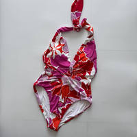 Maillot de bain une pièce personnalisé OEM Maman et moi, bleu floral à volants, dos nu, effet ventre plat, avec grandes bretelles croisées