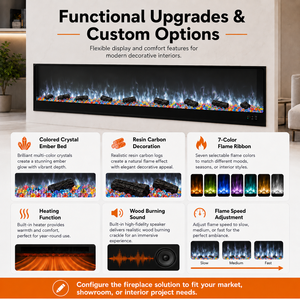 Cheminée électrique moderne avec écran LCD, flamme <span class=keywords><strong>LED</strong></span>, structure métallique, télécommande et affichage en anglais <span class=keywords><strong>pour</strong></span> usage domestique et hôtelier - Product Image 3