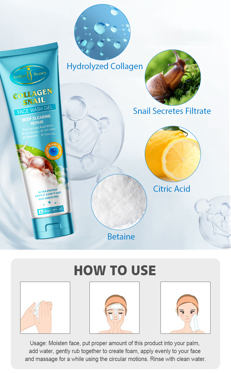 Aichun Beauty Collagen Snail Deep Cleaning Repair Anti-aging Moisoutrizing Whiten Fash Wash Gel For Lady And Men