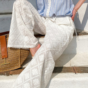 Nueva Colección Primavera/Verano, <span class=keywords><strong>Pantalones</strong></span> Anchos de Algodón Bordado de Inspiración Sureña Francesa para Mujer, Blancos, Largos, Elásticos - Product Image 3