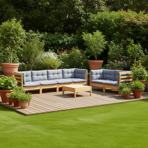 Ensemble de salon de jardin en bois naturel avec coussins gris, 6 places, meubles d'extérieur, style rustique, bois de pin - Product Image 2