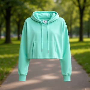 Sweat-shirt à capuche court vert pour femme Vetega avec poches, épaules tombantes, manches longues, en polaire, décontracté, pour l'automne, en polyester tricoté - Product Image 2