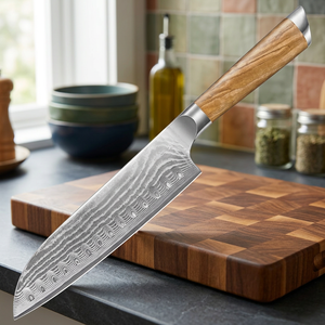 Couteau de cuisine Santoku Damas Keensun de haute qualité, en acier inoxydable, avec manche en bois écologique, luxe, 7 pouces, ambidextre - Product Image 2