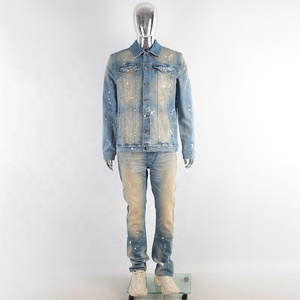 Set di Due Pezzi in Denim con Stampa DTG Personalizzata, Lavaggio Acido Vintage, Completo <span class=keywords><strong>Jeans</strong></span> da Uomo - Product Image 1