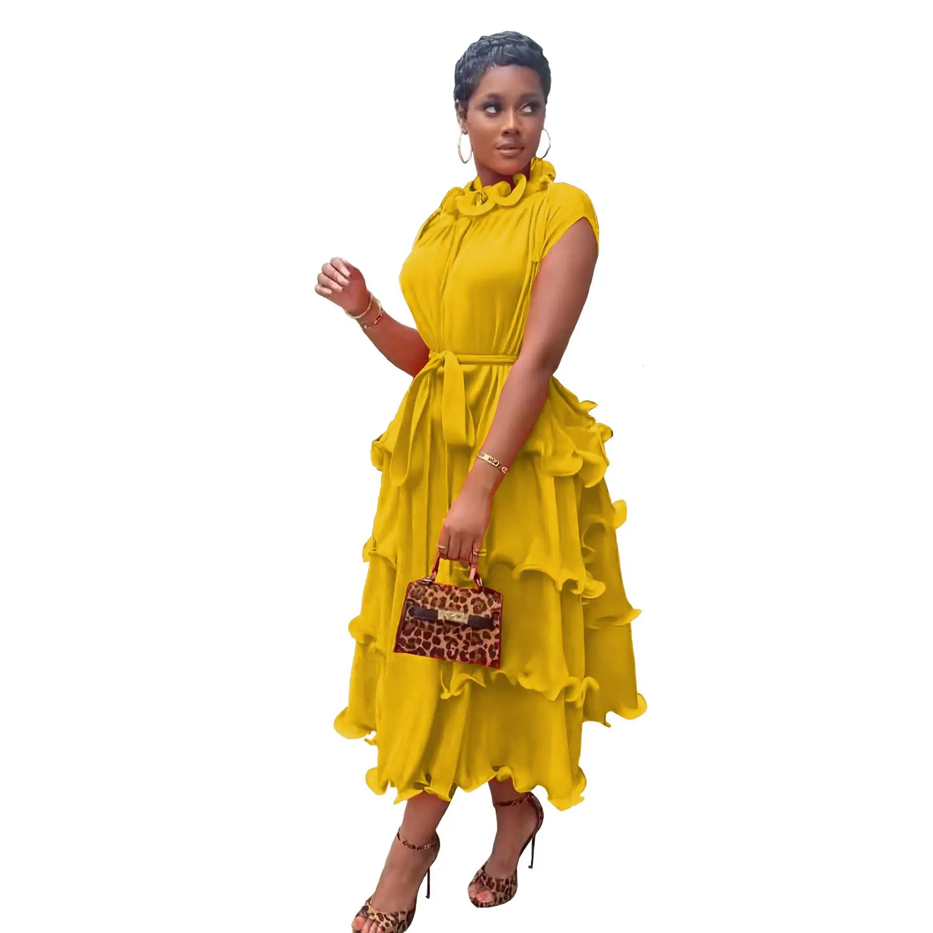シフォンしわくちゃの黄色のドレス2022秋のハイストレッチアフリカの婦人服プリーツ波状の襟マキシスカート女性のvestido