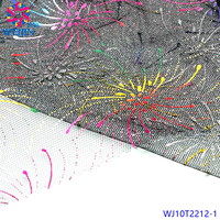 Tissu en maille warp en polyester doré imprimé feu d'artifice, design textile brillant pour vêtements, robes de scène et vêtements de nuit