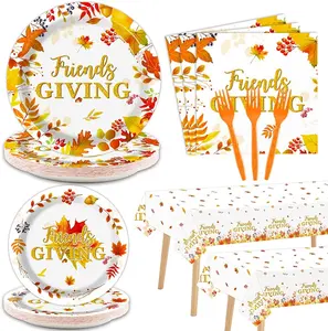 Friendsgiving Party Supplies Thanksgiving Tableware Set Maple Leaves Tablecover for Autumn Table Decorations Party Decor Favors