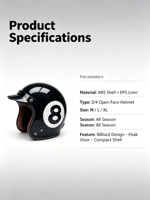 Casque de moto YQH style billard 3/4 ouvert, coque ABS, rétro, été