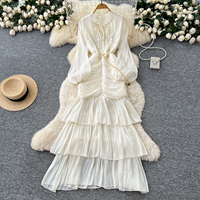 Robe longue élégante à col montant volanté, manches lanternes et fronces étagées pour femme – Tenue décontractée ou de soirée