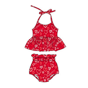 Conjunto de Top Halter sin Mangas para Niñas al por Mayor con Pantalones Cortos con Volantes de Cintura Alta y Estampados de San Valentín - Product Image 4